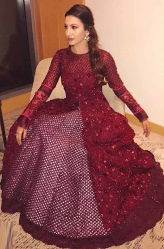 Maroon Zardosi Work Netted Gown