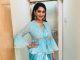 Madhuri Dixit in all blue satin sari from Ridhi Mehra’s latest collection